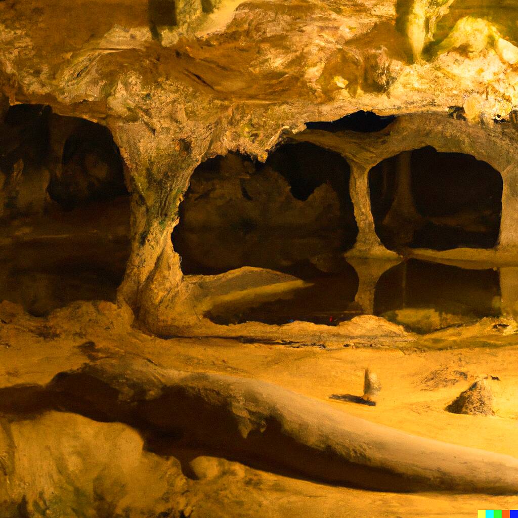 “deep underground caverns where cave crocodiles crawl out of the water and attack” -DALL-E